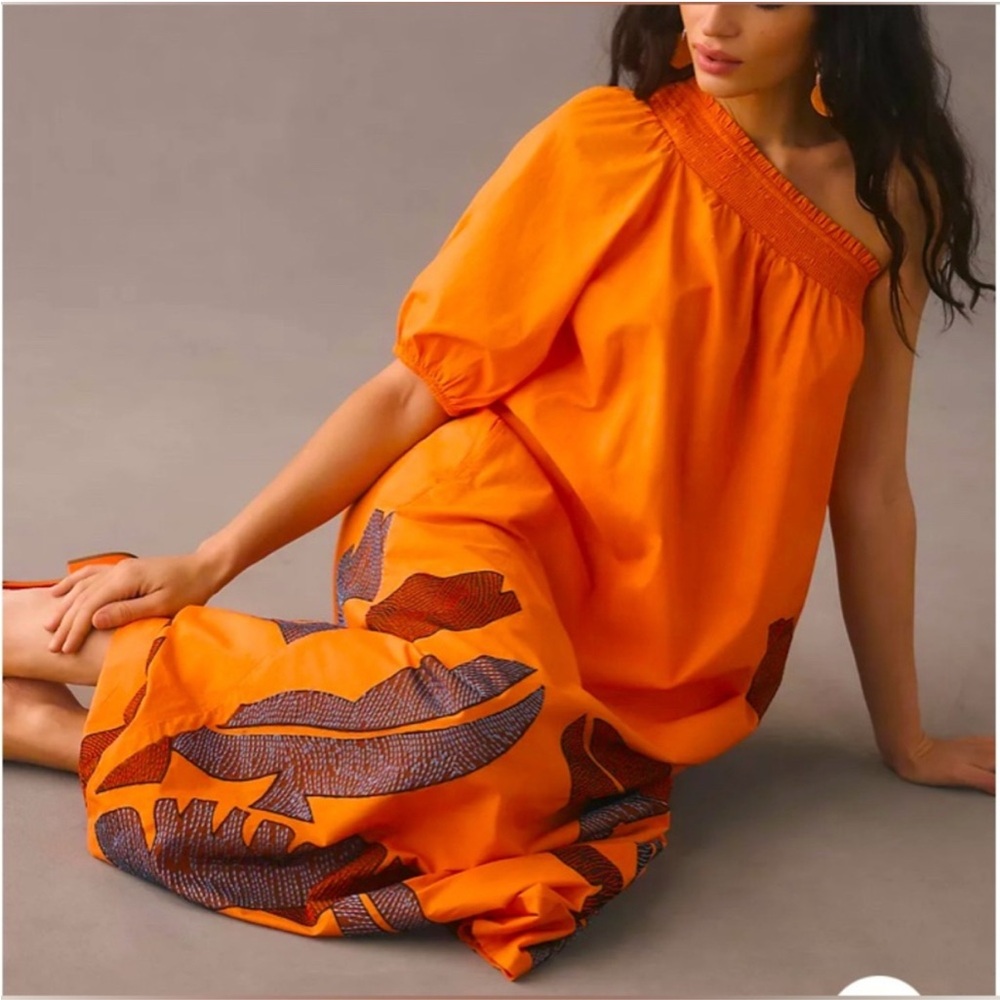 Maeve One-Shoulder Embroidered Maxi Dress pockets. 100% cotton L B05